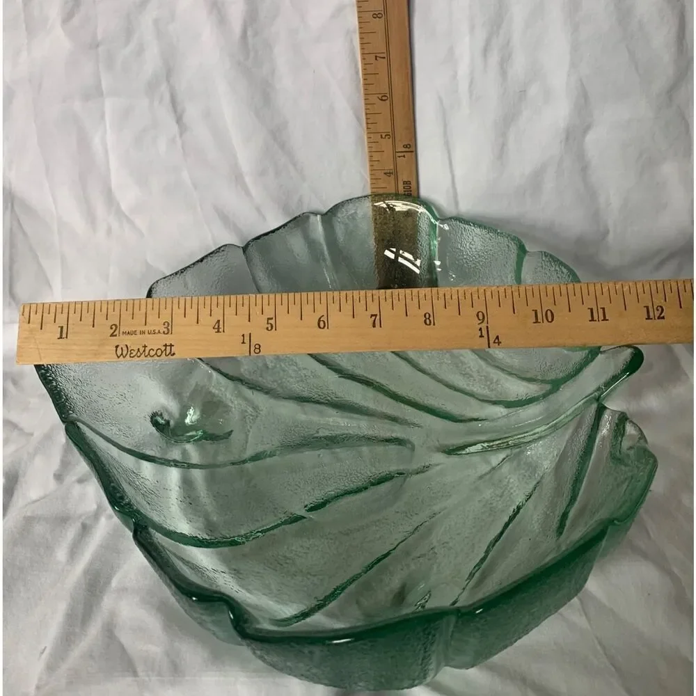 VTG MCM RETRO DEPRESSION GREEN LEAF FOOTED large GLASS BOWL DISH ART DECOR